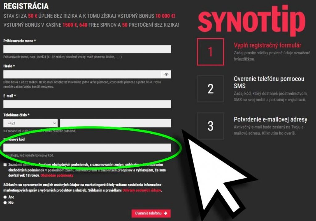 Návod ako nájsť Synottip promo bonusový kód
