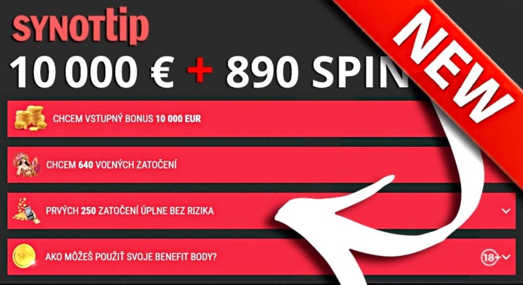 Synottip online casino odmena 10000€ a 890 spinov za prihlasenie