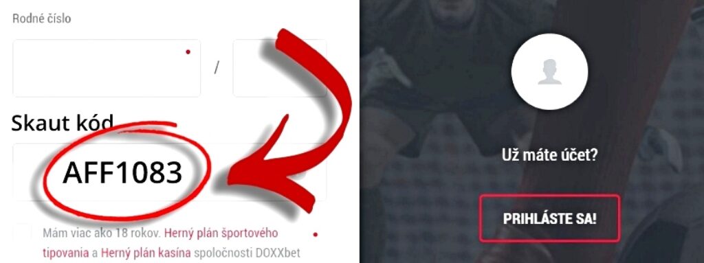 Doxxbet vyplnenie skaut kódu šípka ukazujúca kam zadať prihlasovací kód Doxxbet
