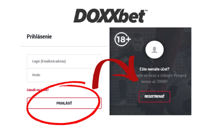 doxxbet casino prihlášenie formulár registrácie a šípka ukazujúca kam kliknúť