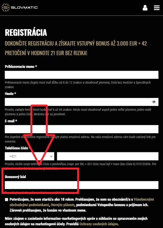 Ako a kam zadať Slovmatic bonusový kód