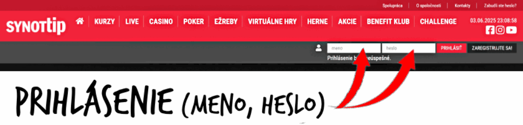 Synottip prihlasenie - meno + heslo