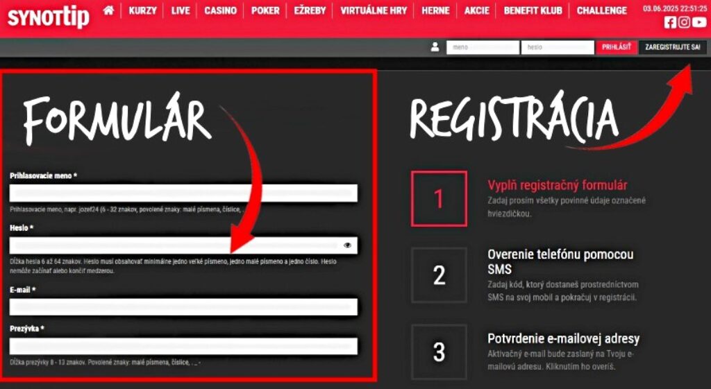 formulár pre registráciu na www.synottip.sk webe online