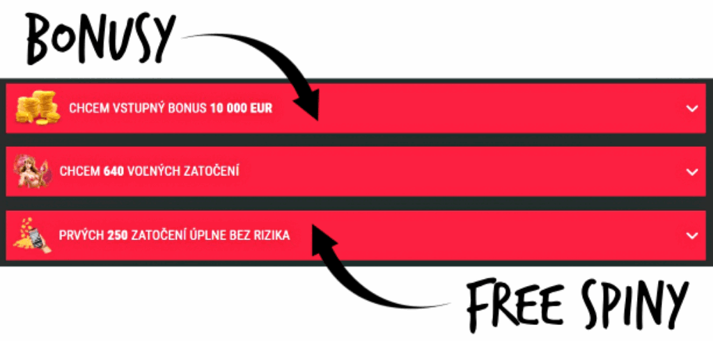 2 šípky ukazujú synottip bonusy a free spiny tu