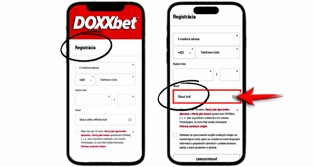 Doxxbet registrácia na mobile v aplikácii - 2 mobily s návodom registrácie