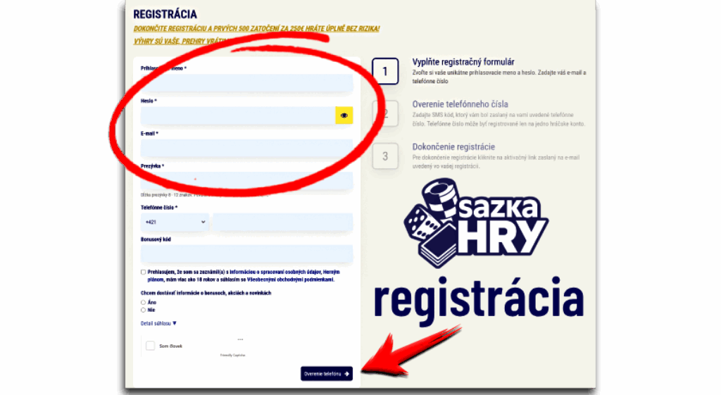 registrácia na Sazka Hry sk - registračný formulár a šípka ako sa registrovať
